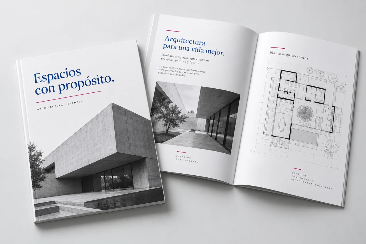 Ejemplo conceptual de brochure de arquitectura con fotografía de edificio y páginas interiores claras.