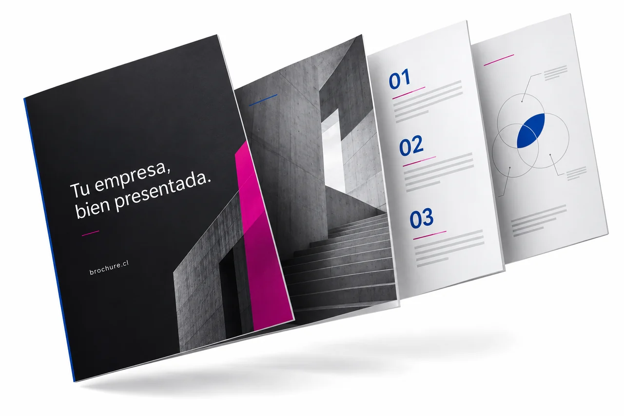 Mockup conceptual de un brochure corporativo con portada, fotografías y páginas interiores separadas en distintas capas.
