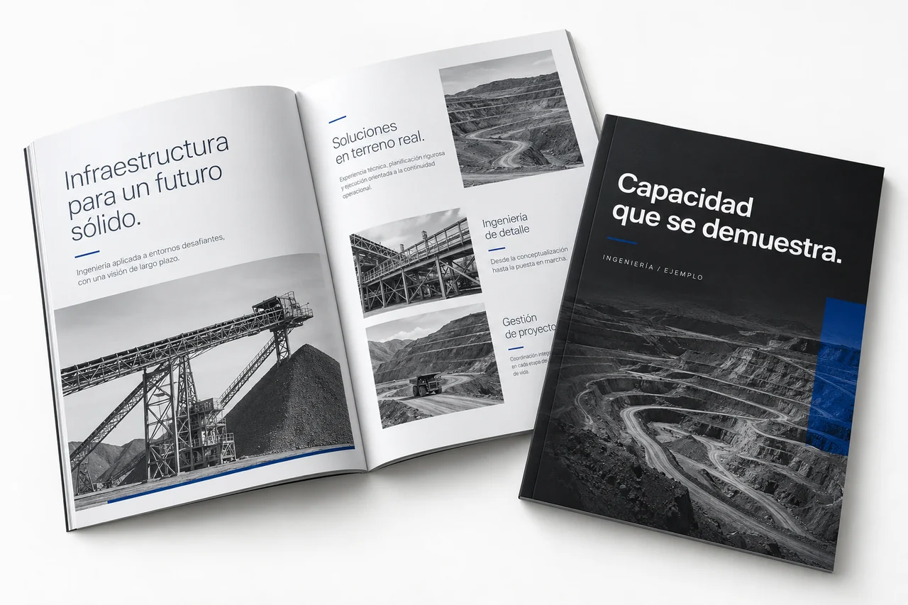 Ejemplo conceptual de brochure de ingeniería con portada oscura e interiores de diseño técnico.